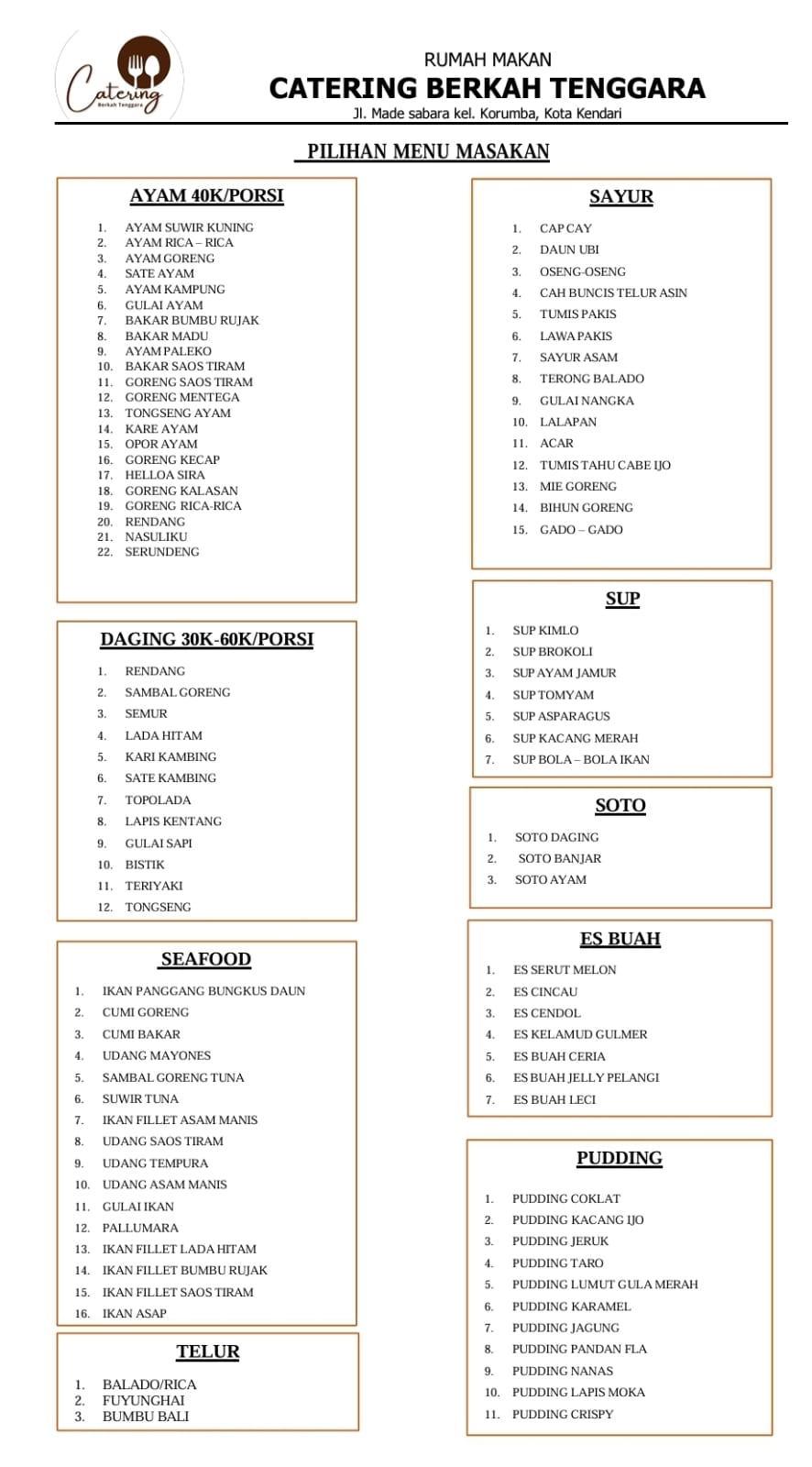 LIST MENU CATERING BERKAH TENGGARA