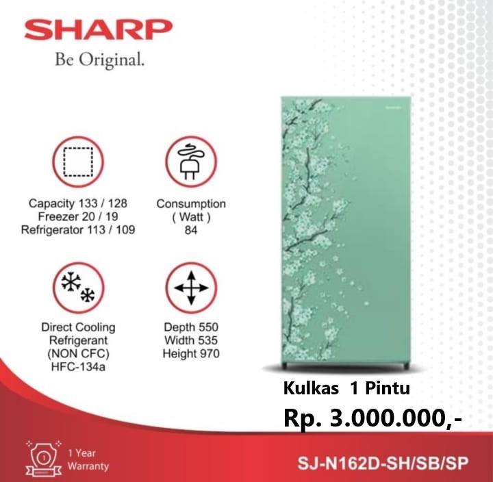 Kulkas SHARP 1 Pintu SJ-N162D SH, SB, SP