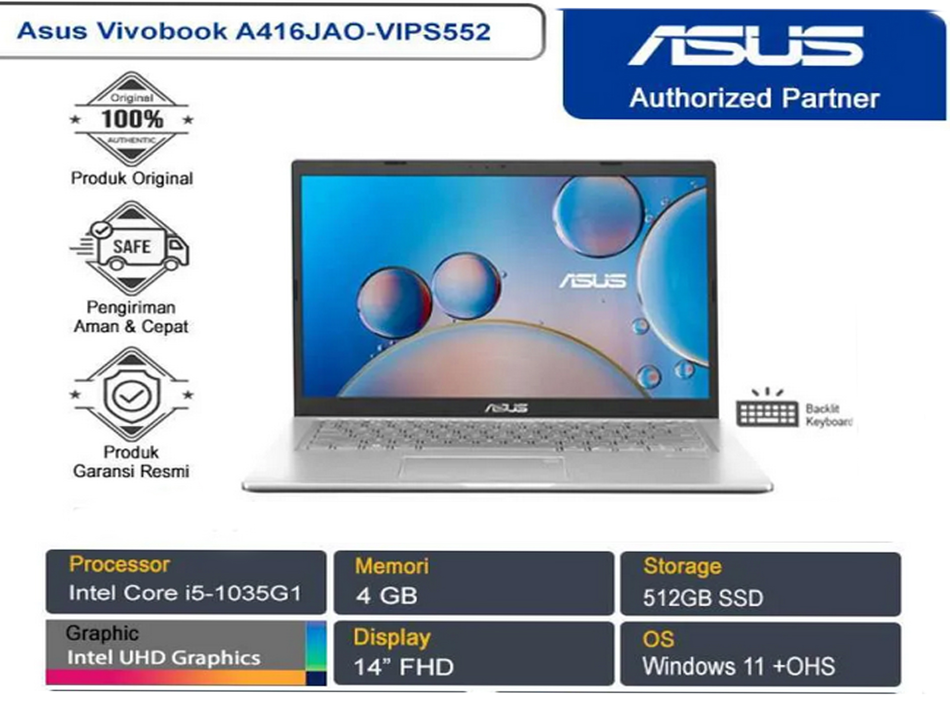 NOTEBOOK ASUS A416JAO-VIPS551 I5-1035G1/4GB/512GB SSD/HDD HOUSING/14"/WIN11/OPI/GREY