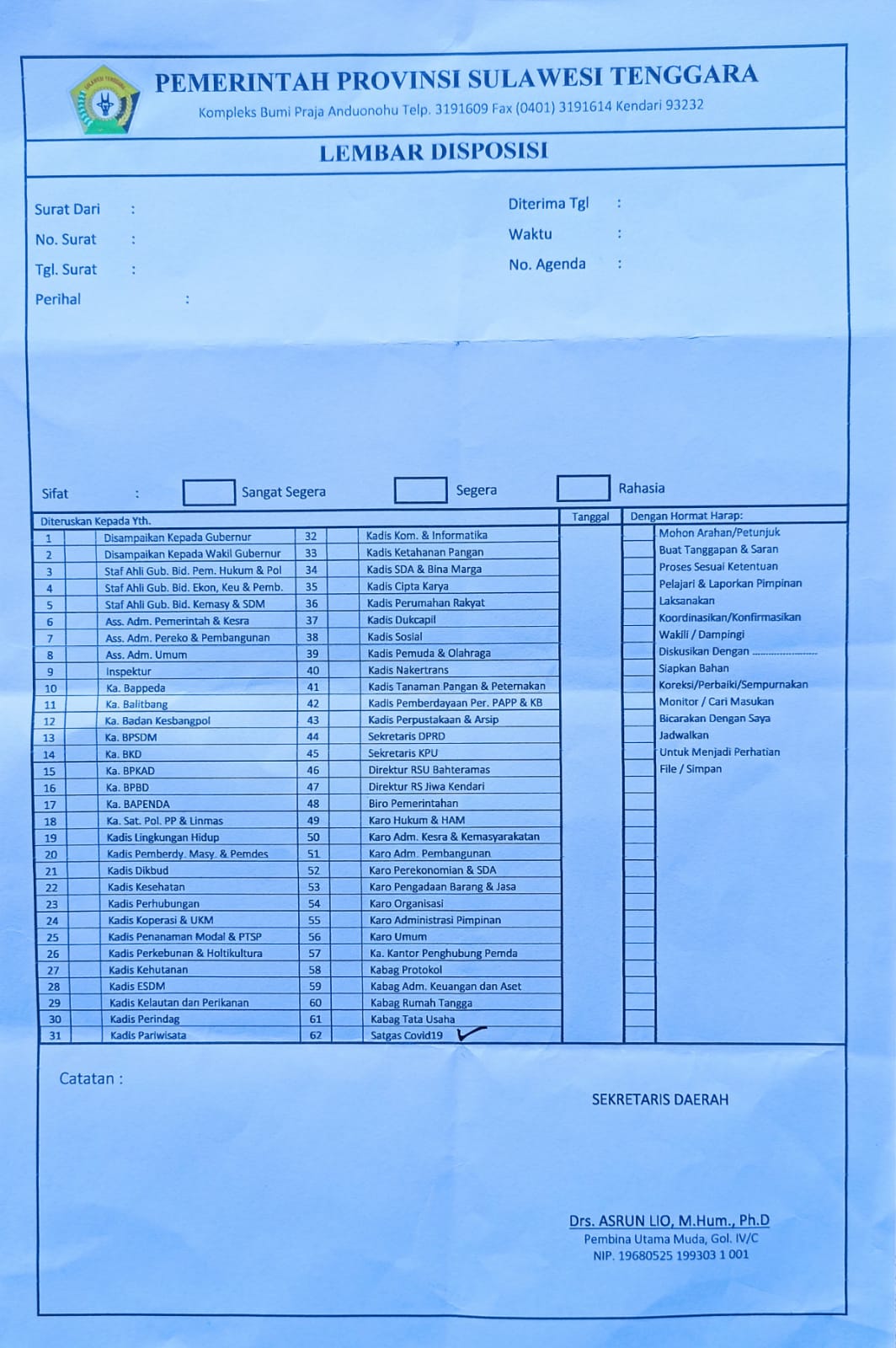 Lembar Disposisi TU Sekda